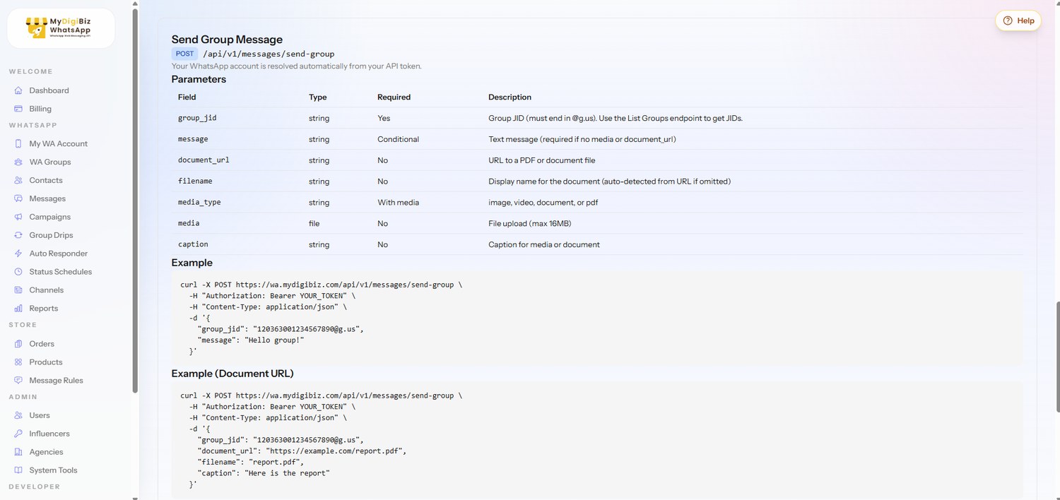 In-app API documentation — auth, base URL, and every endpoint with examples